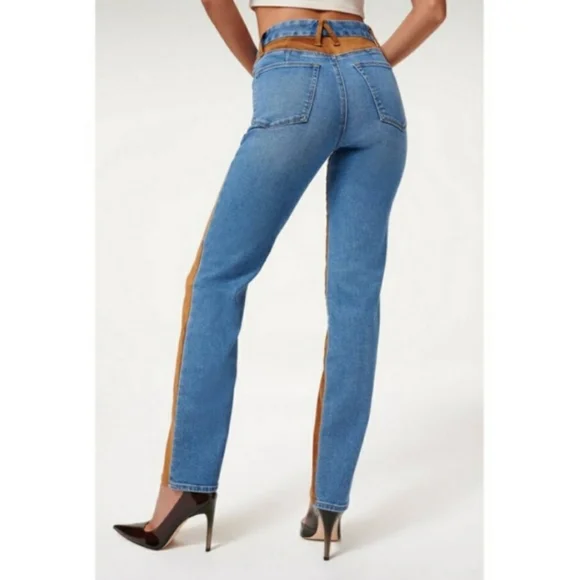 Good American Icon High Rise Denim Suede Straight Leg Jeans - Picture 2 of 10